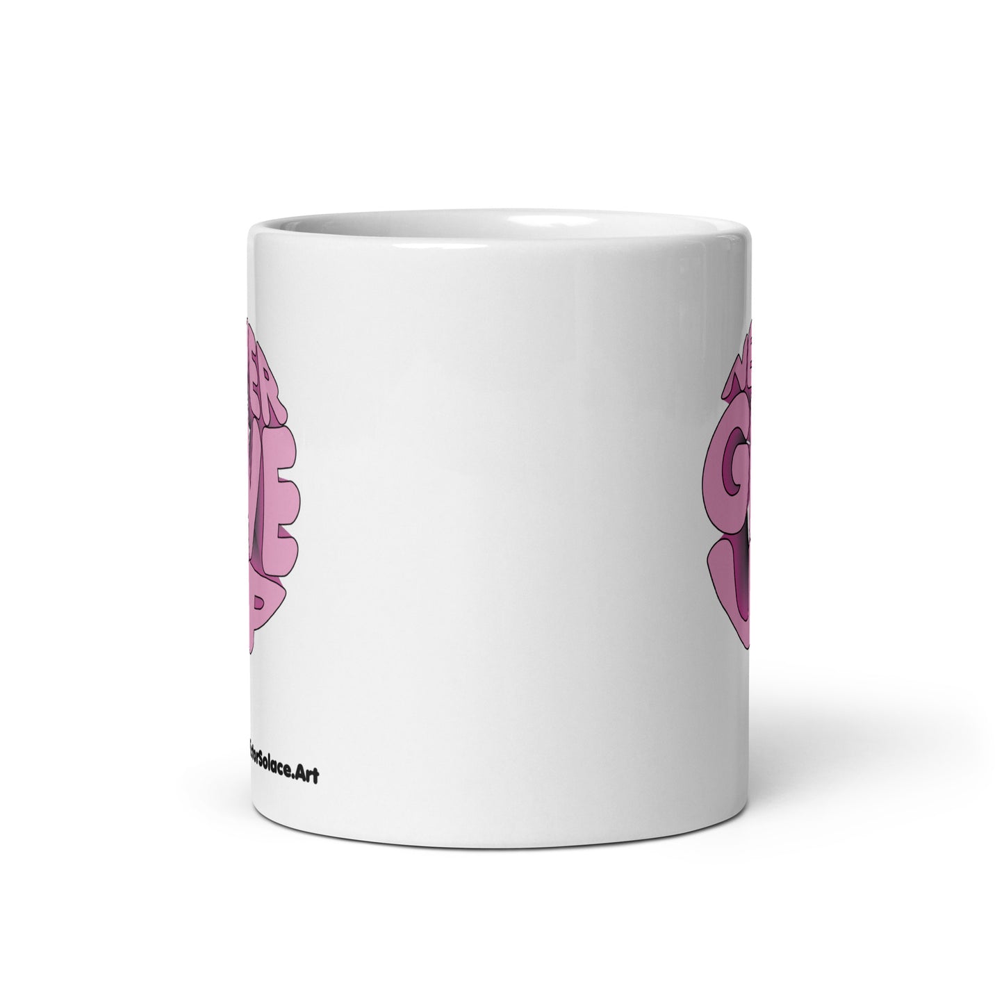 White glossy mug w/ Original "Never Give Up" Victor Solace Design.