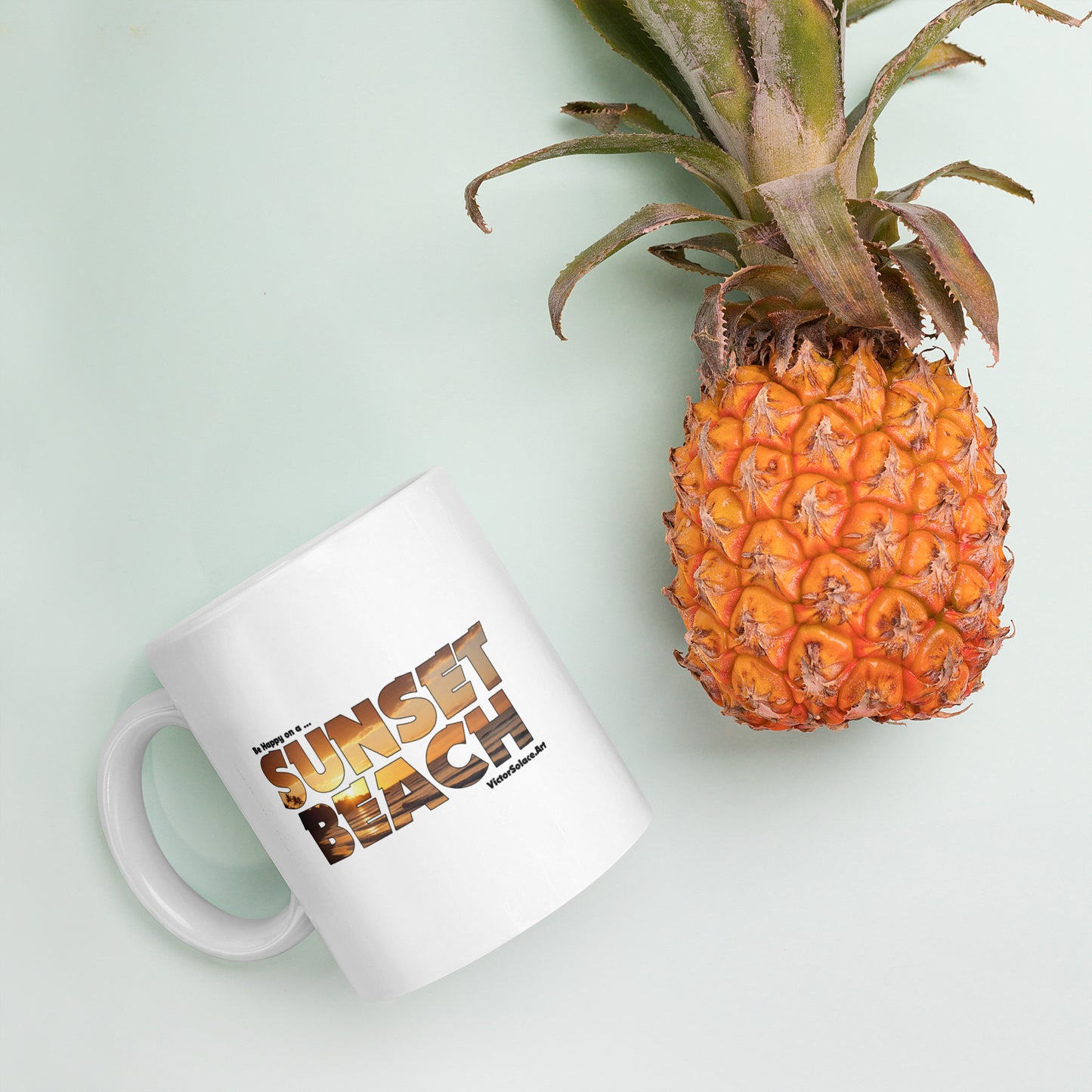 "Be Happy on a SUNSET BEACH" White glossy mug. Designed by Victor Solace.
